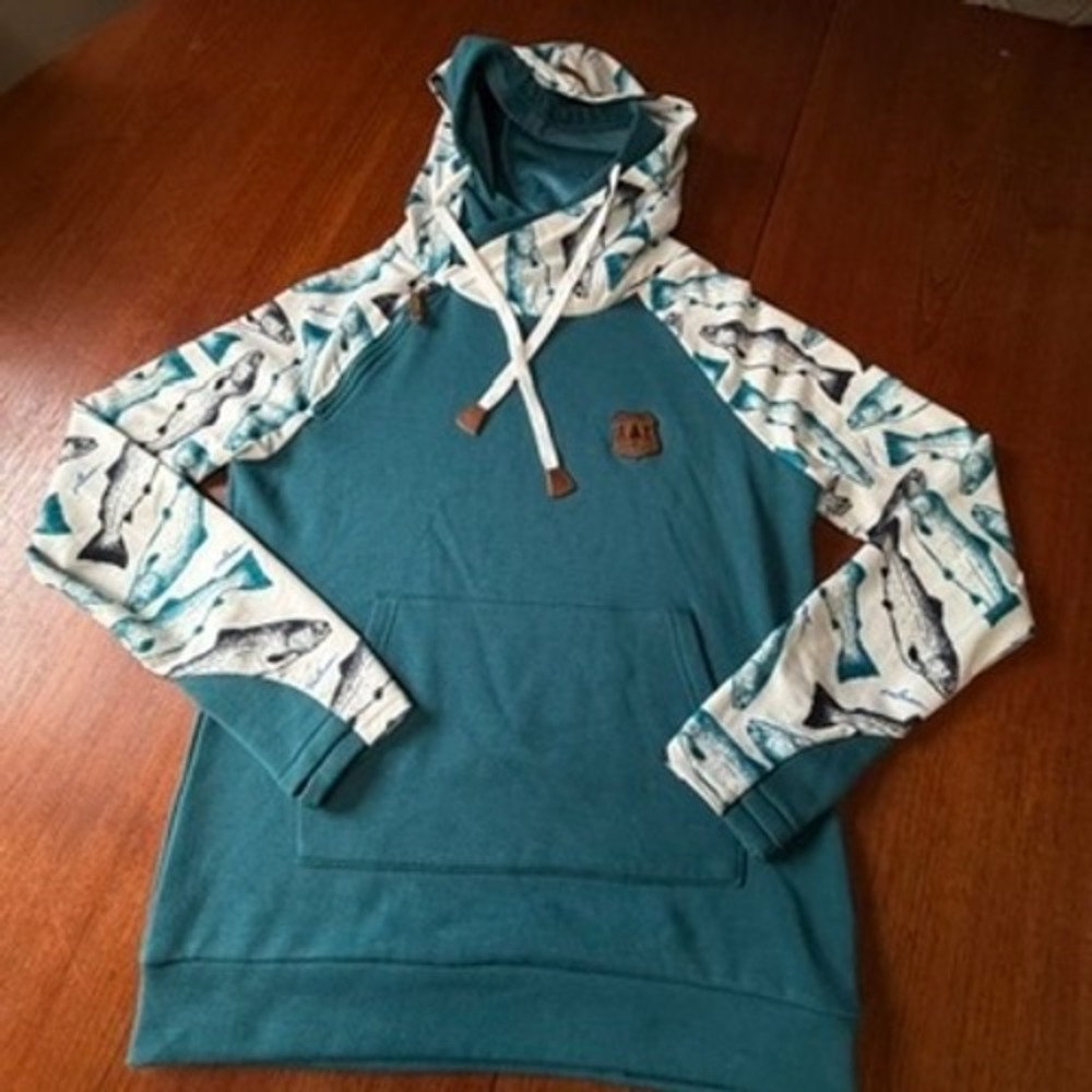 Alaskan Salmon Print Raglan Hoodie Teal Crossover Neck  M Coastal PNW Fish Cozy